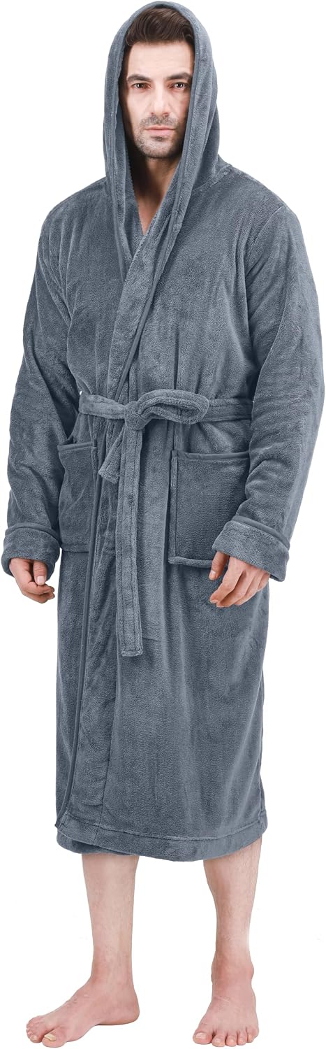 Luxury Ultra Soft Mens Robe with Hood Plush Fleece Long Bathrobe
