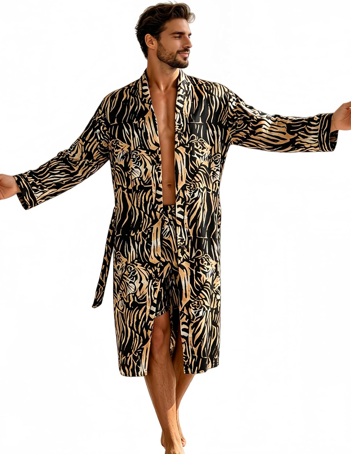 Men's Luxury Satin Robe with Tiger Print Pattern, Long Sleeve Kimono Style Bathrobe, 2 Pack