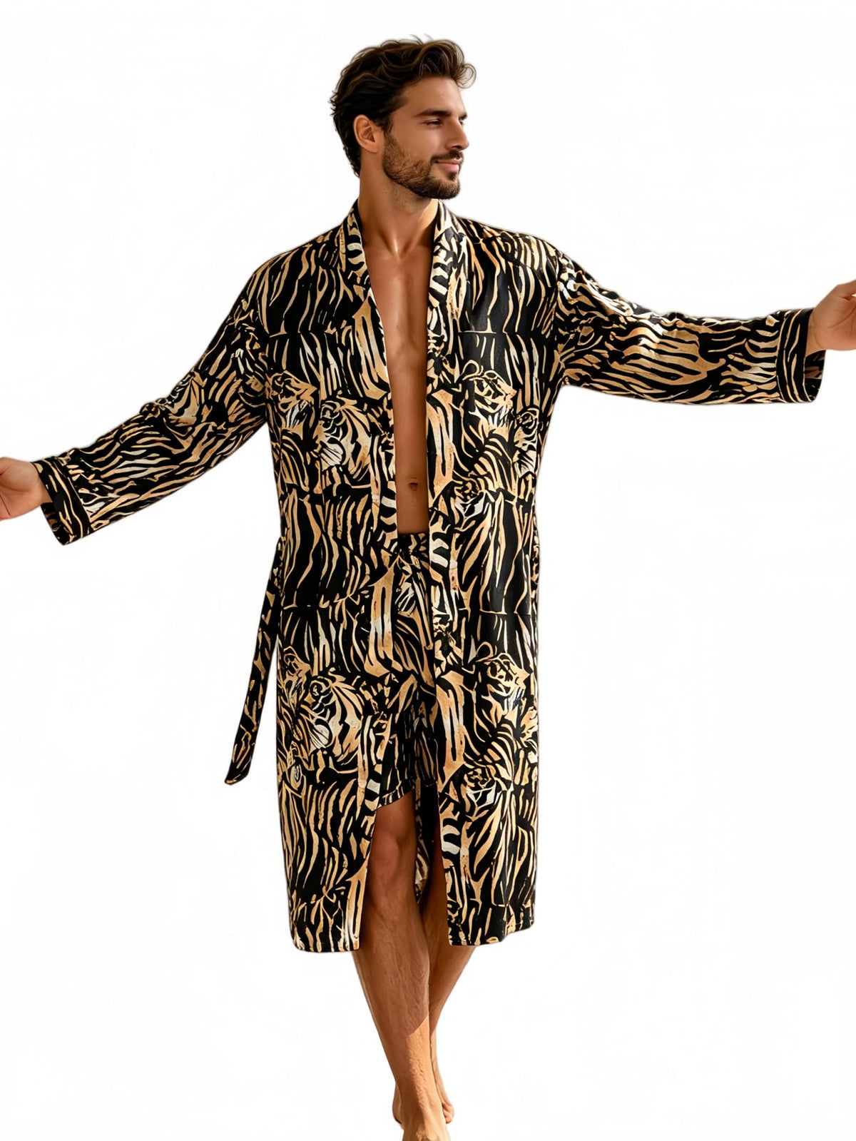 Men's Luxury Satin Robe with Tiger Print Pattern, Long Sleeve Kimono Style Bathrobe, 2 Pack