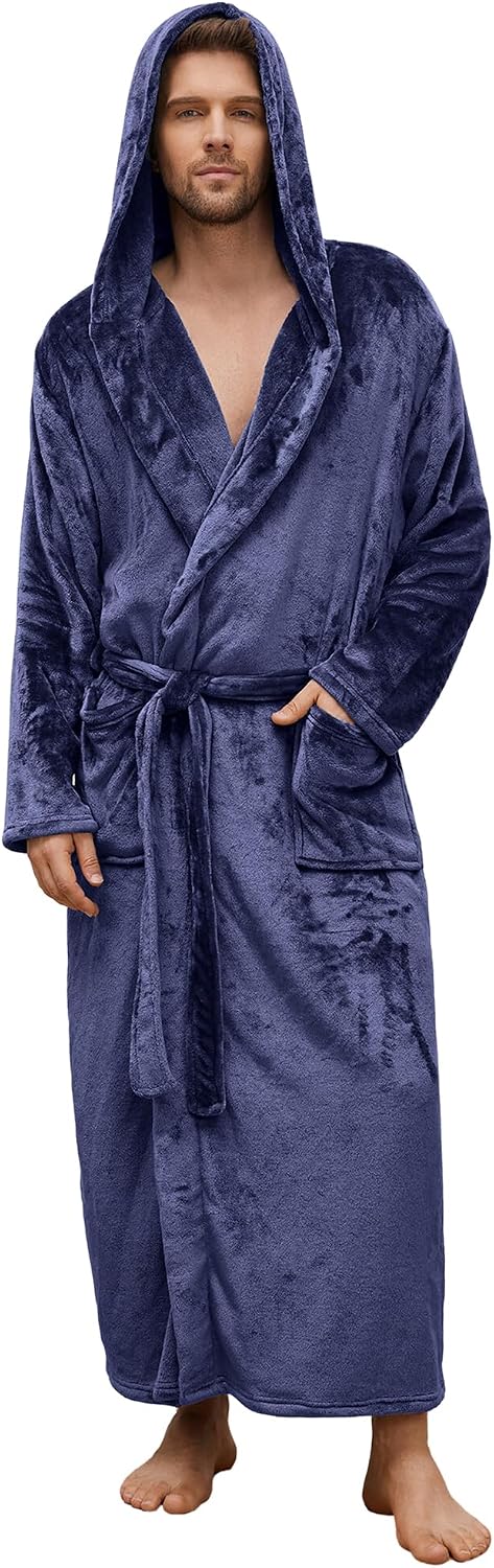 U2SKIIN Mens Fleece Robe Hooded Bathrobe Plush Robe for Men