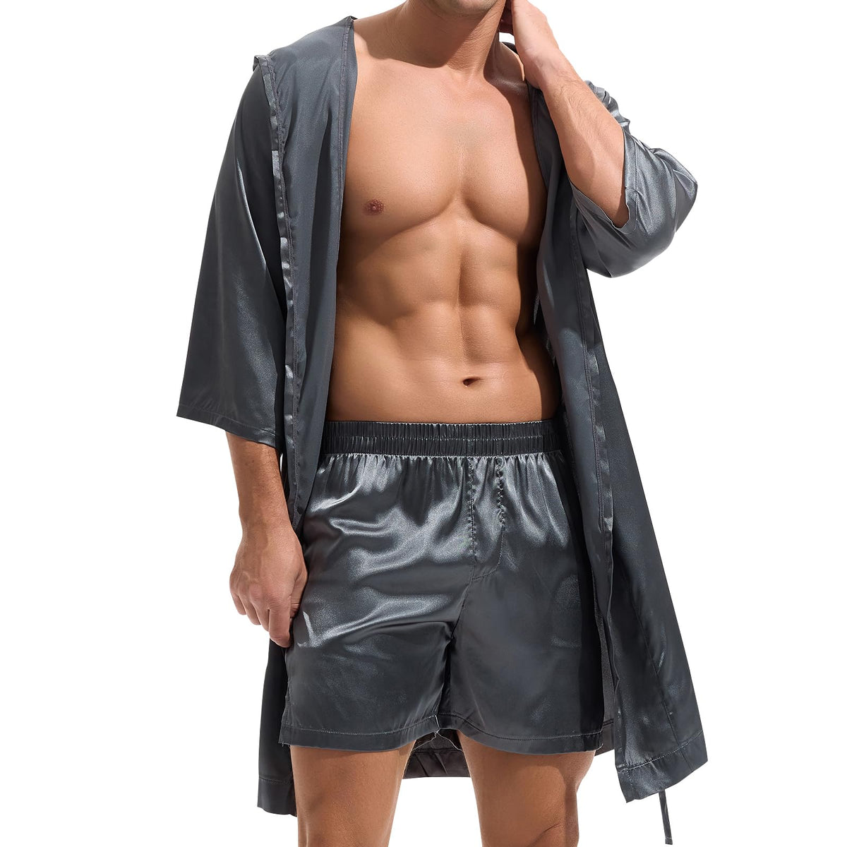 AMY COULEE Mens Sexy Satin Robe with Shorts 2 Pcs