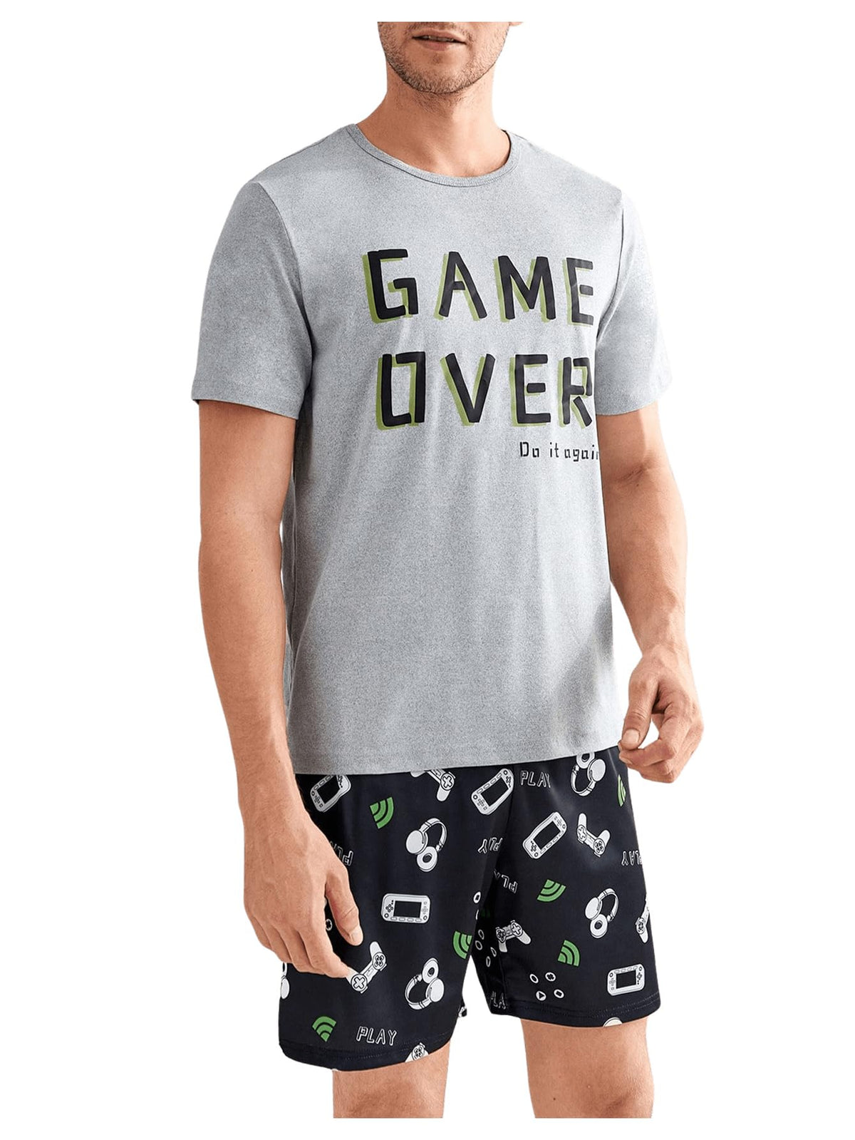 Verdusa Men's Pajamas Set 2 Piece Pjs Sets Short Sleeve Letter Print Tee and Short Lounge Set