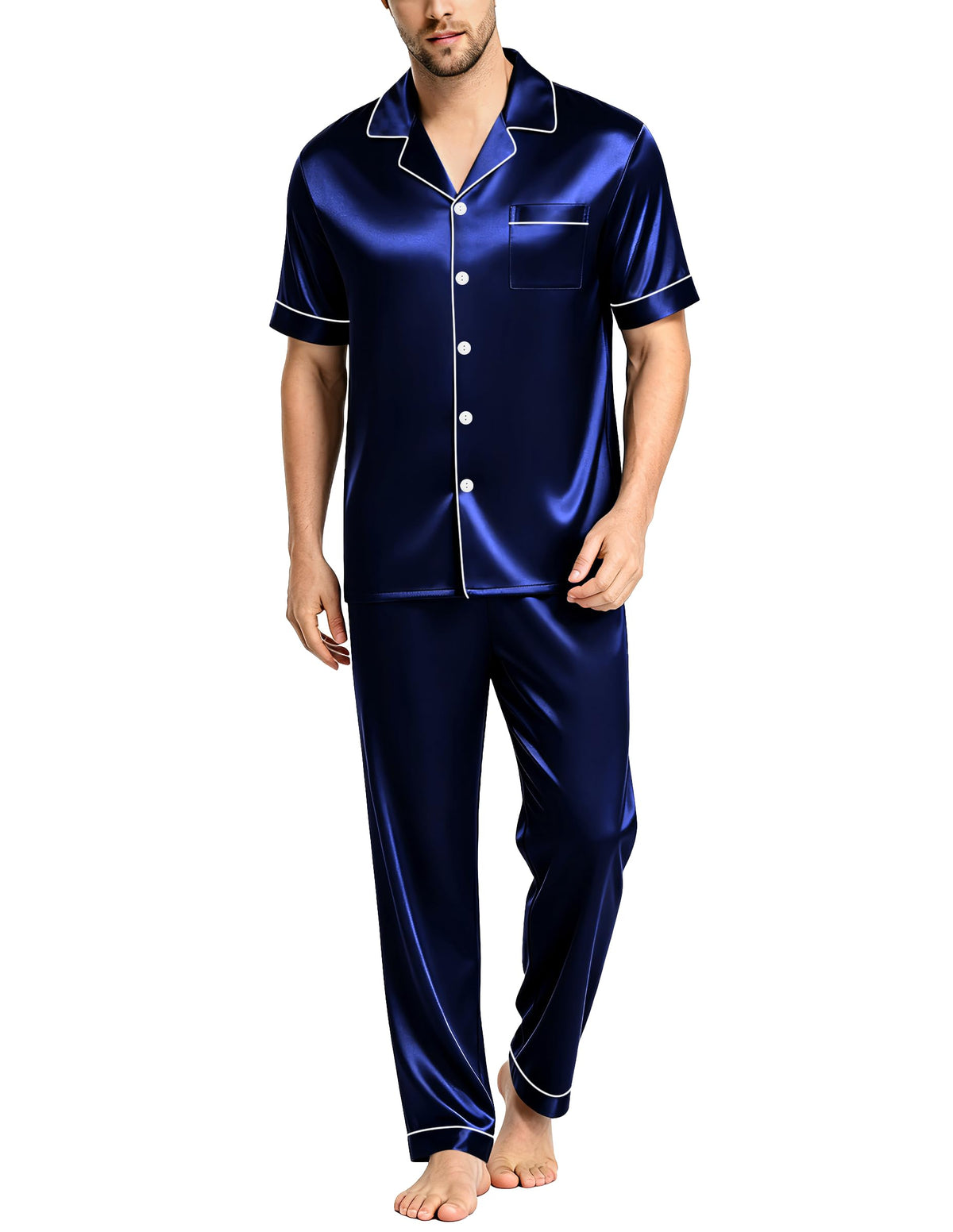 SWOMOG Mens Satin Pajama Set Short Sleeve Classic Sleepwear Button Down Silky Loungewear with Long Pants