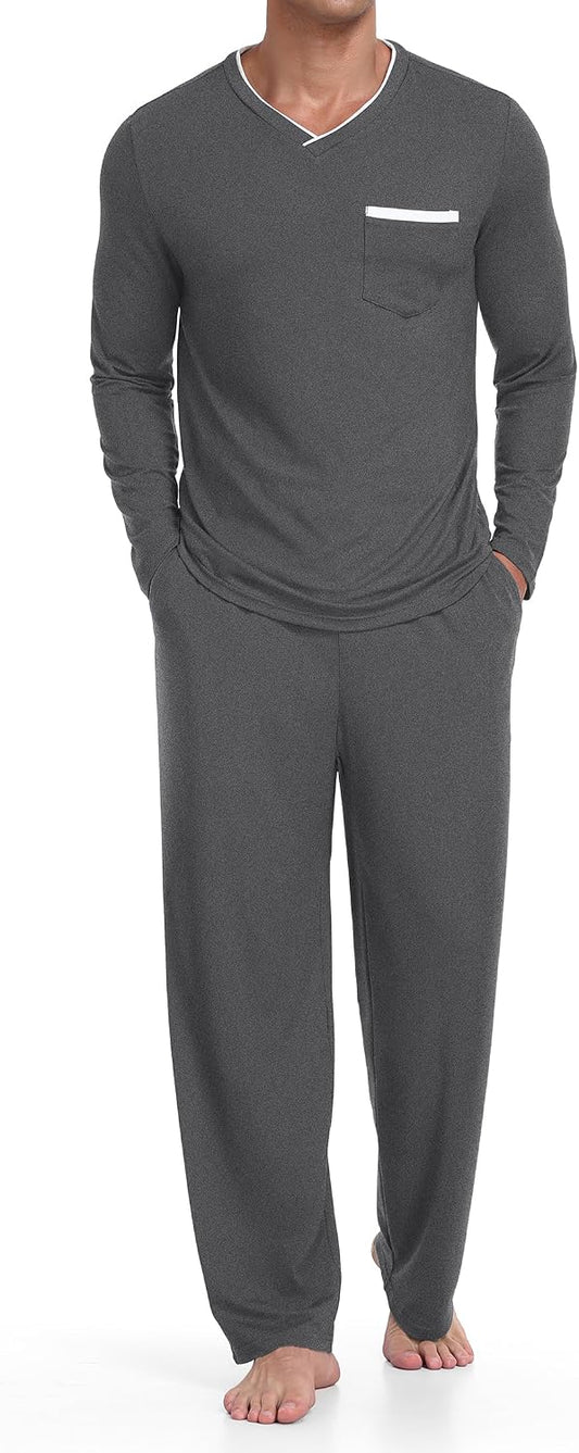 RQP Men's Long Sleeve Pajama Set Soft Stretch Sleepwear with Pockets