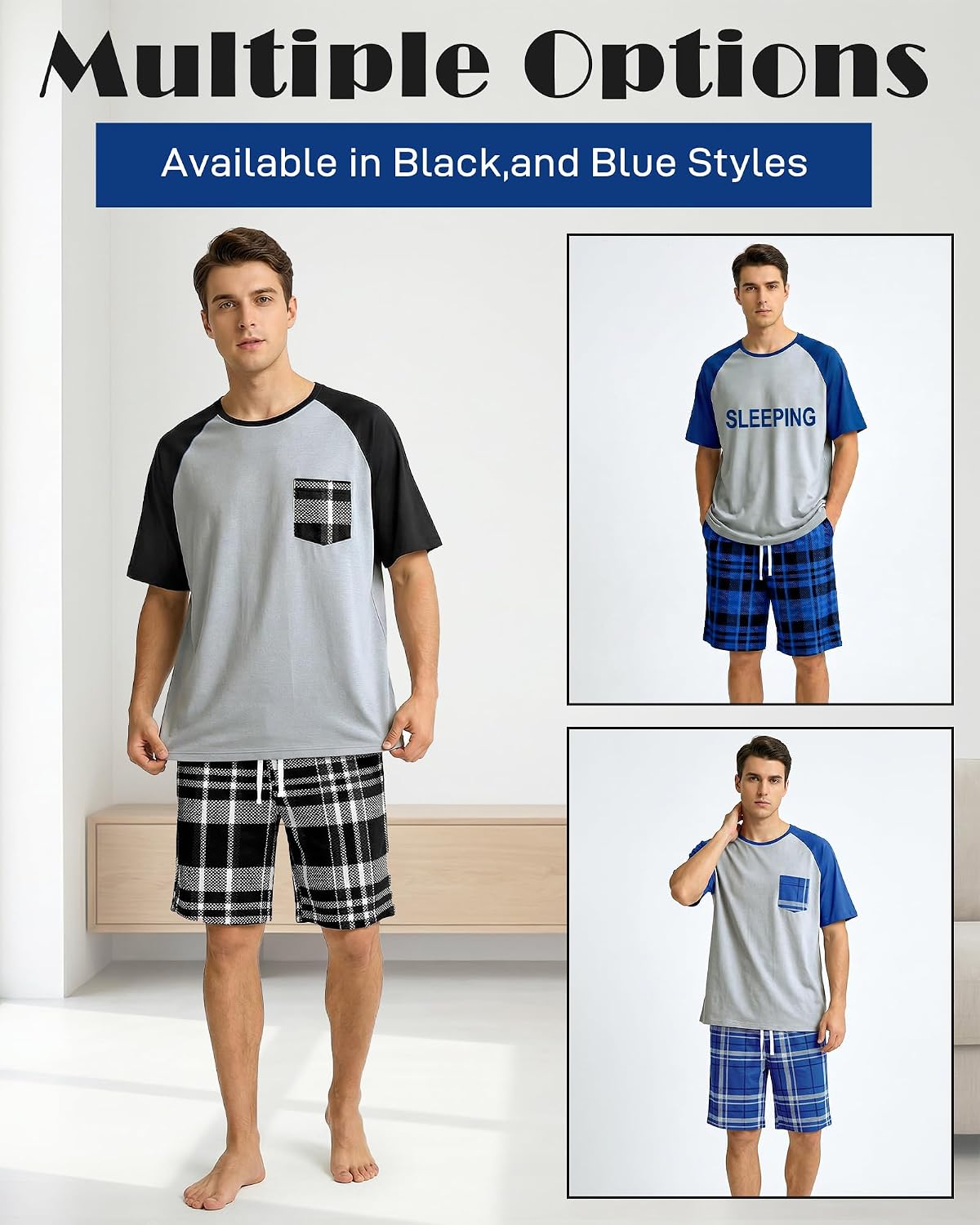 Mens Pajamas Set Soft Short Sleeve Pjs Plaid Pajamas 2 Piece Sleepwear Mens Loungewear Sets Summer with Pockets