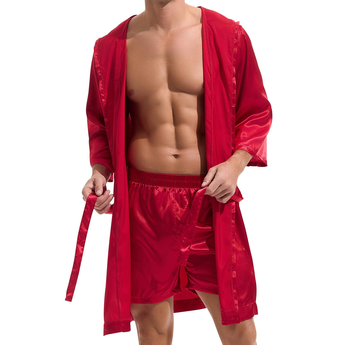 AMY COULEE Mens Sexy Satin Robe with Shorts 2 Pcs