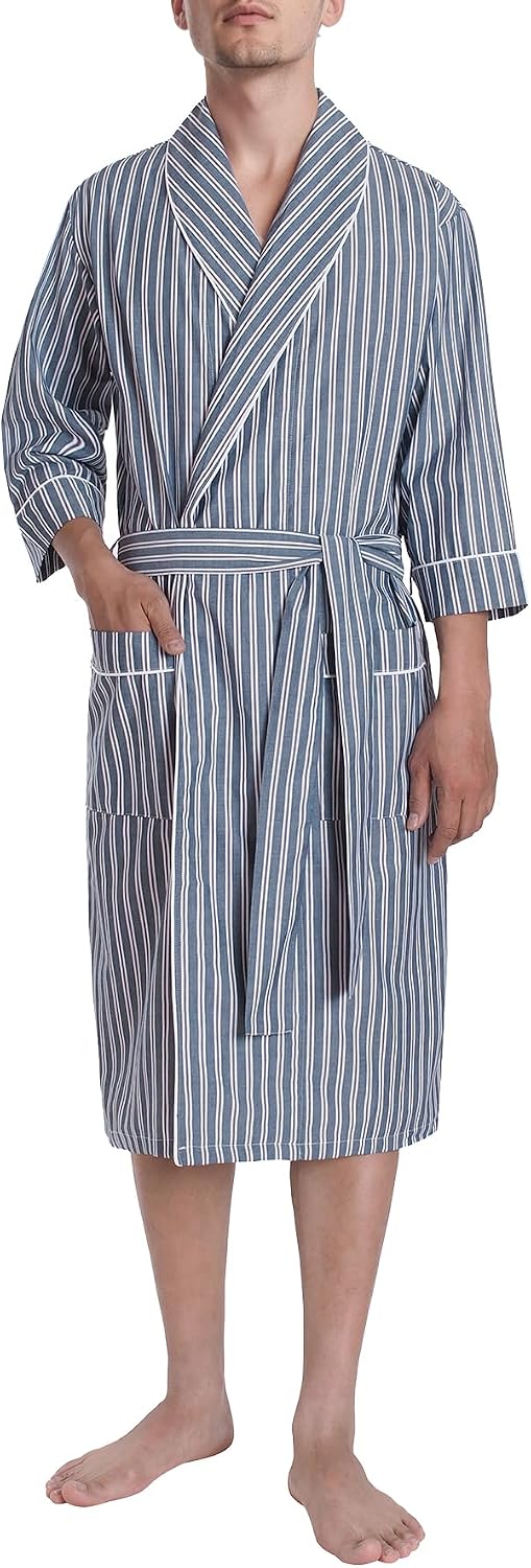 Latuza Men's Woven Cotton Robe Lightweight Summer Short Sleeve Bathrobe