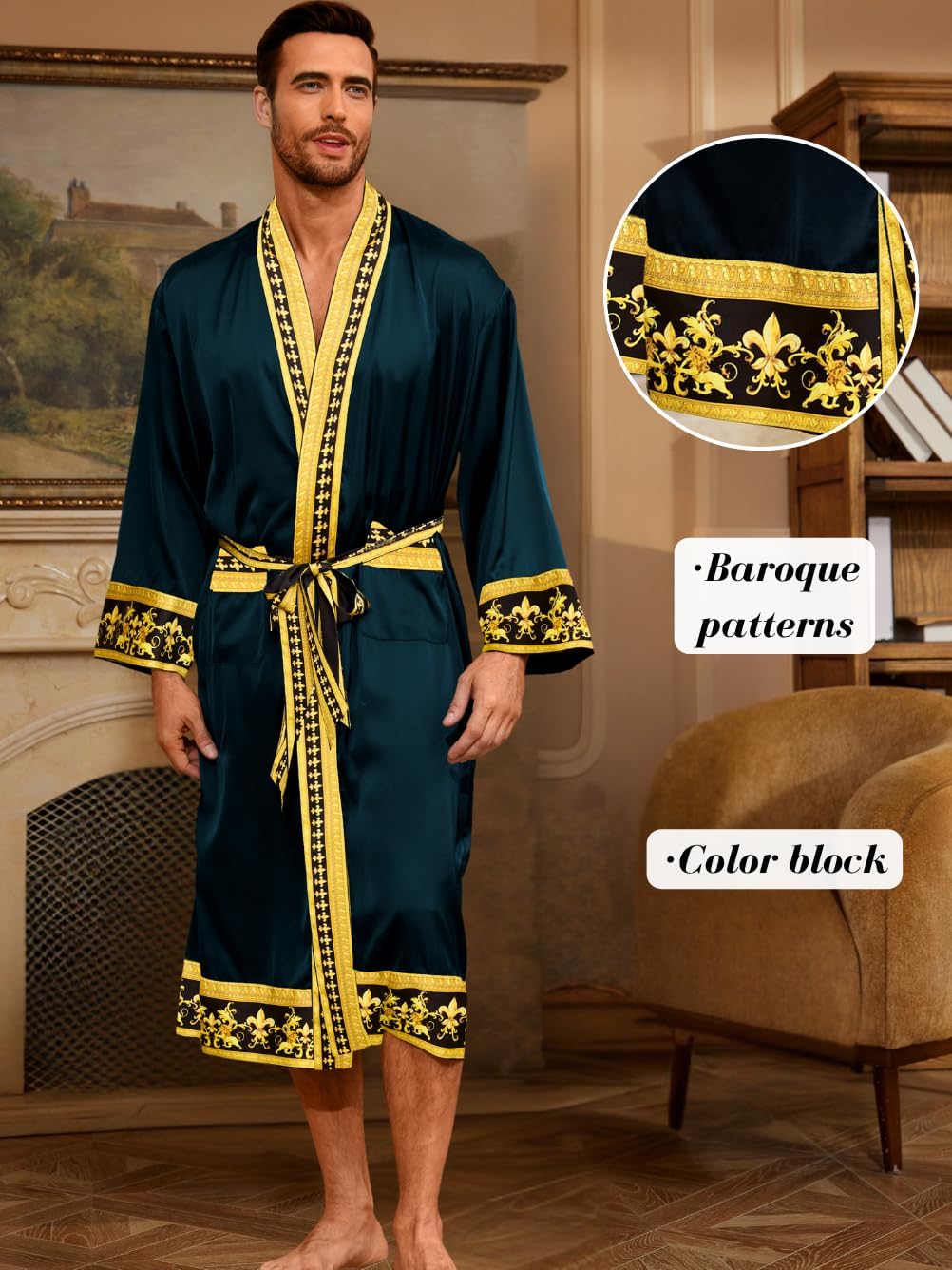 ChiaoLezhee Men's Luxury Silky Robe & Shorts Set, 2PC Lightweight Satin Pajamas with Pockets, Opulent Baroque Kimono Gifts