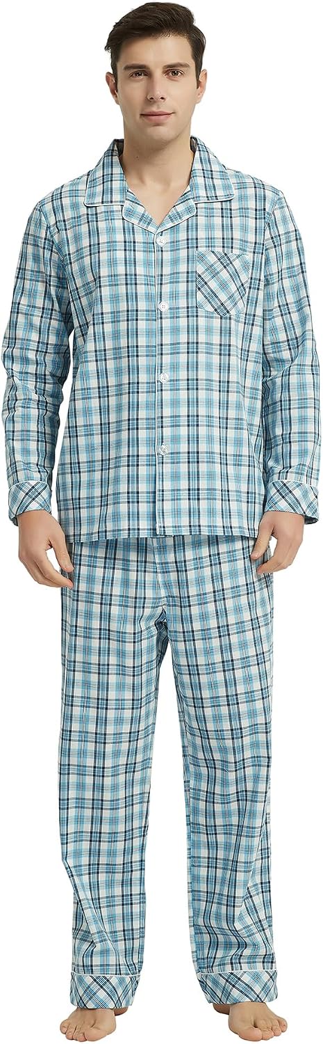 Vulcanodon Mens Cotton Pajama Set, Plaid Button Down Woven Sleepwear