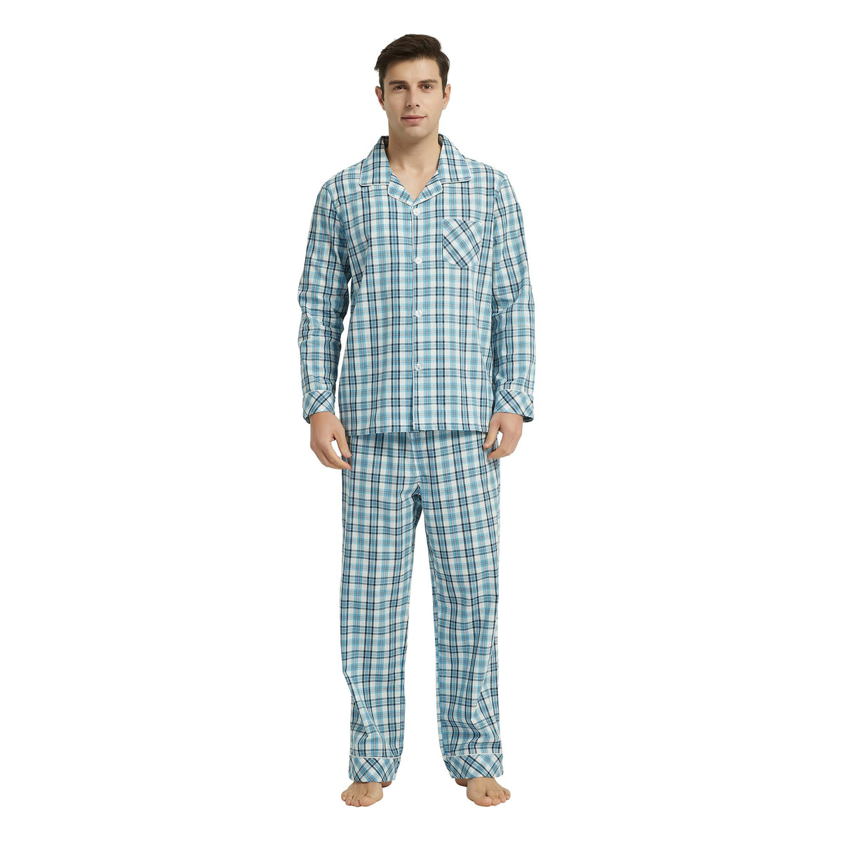 Vulcanodon Mens Cotton Pajama Set, Plaid Button Down Woven Sleepwear