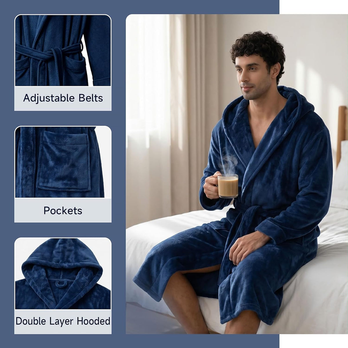 Men's Hooded Robe, Premium Plush Warm Bathrobe