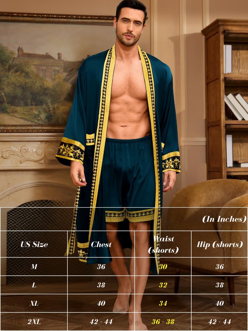 ChiaoLezhee Men's Luxury Silky Robe & Shorts Set, 2PC Lightweight Satin Pajamas with Pockets, Opulent Baroque Kimono Gifts