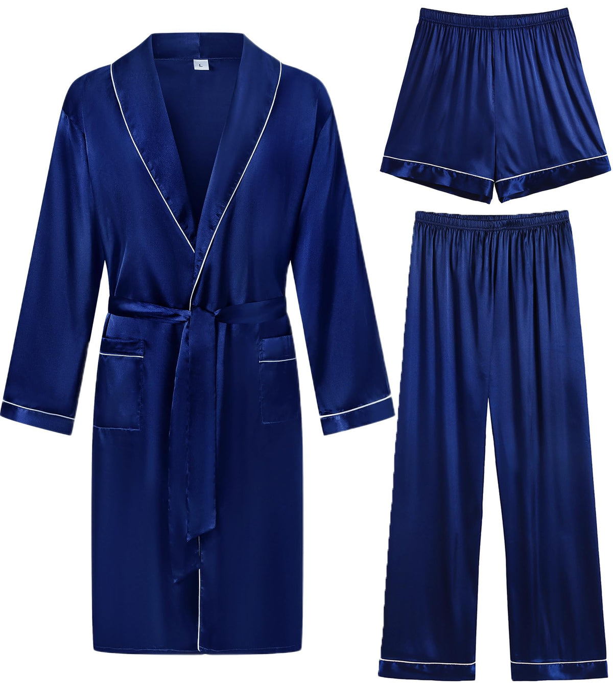 SWOMOG Men's Satin Robe 3 Pcs Silky Kimono Bathrobe Set Lightweight Soft Loungewear Nightwear