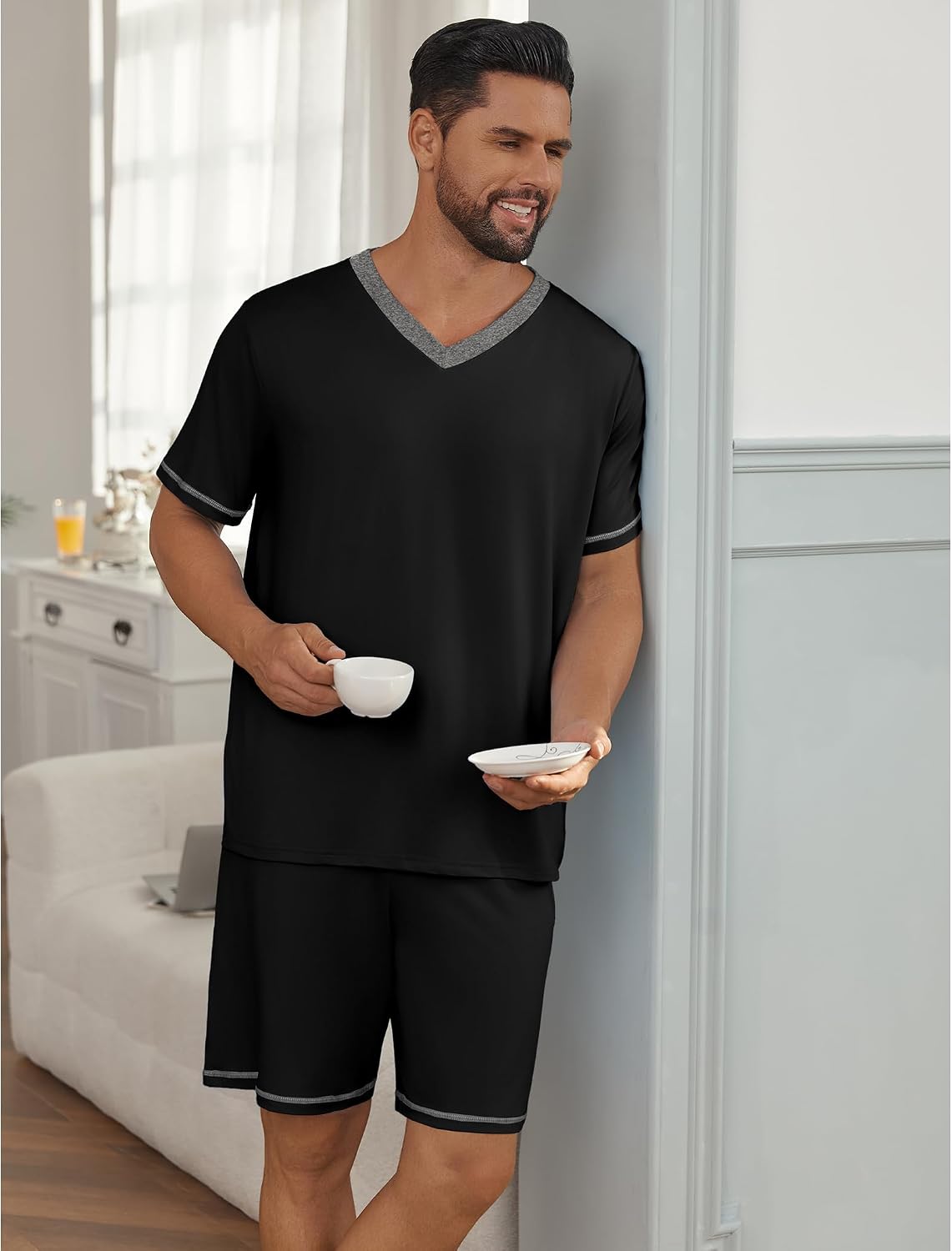 Ekouaer Men's Pajama Sets Shorts Short Sleeve Pj Sets Loungewear Lightweight Lounge Sets with Pockets