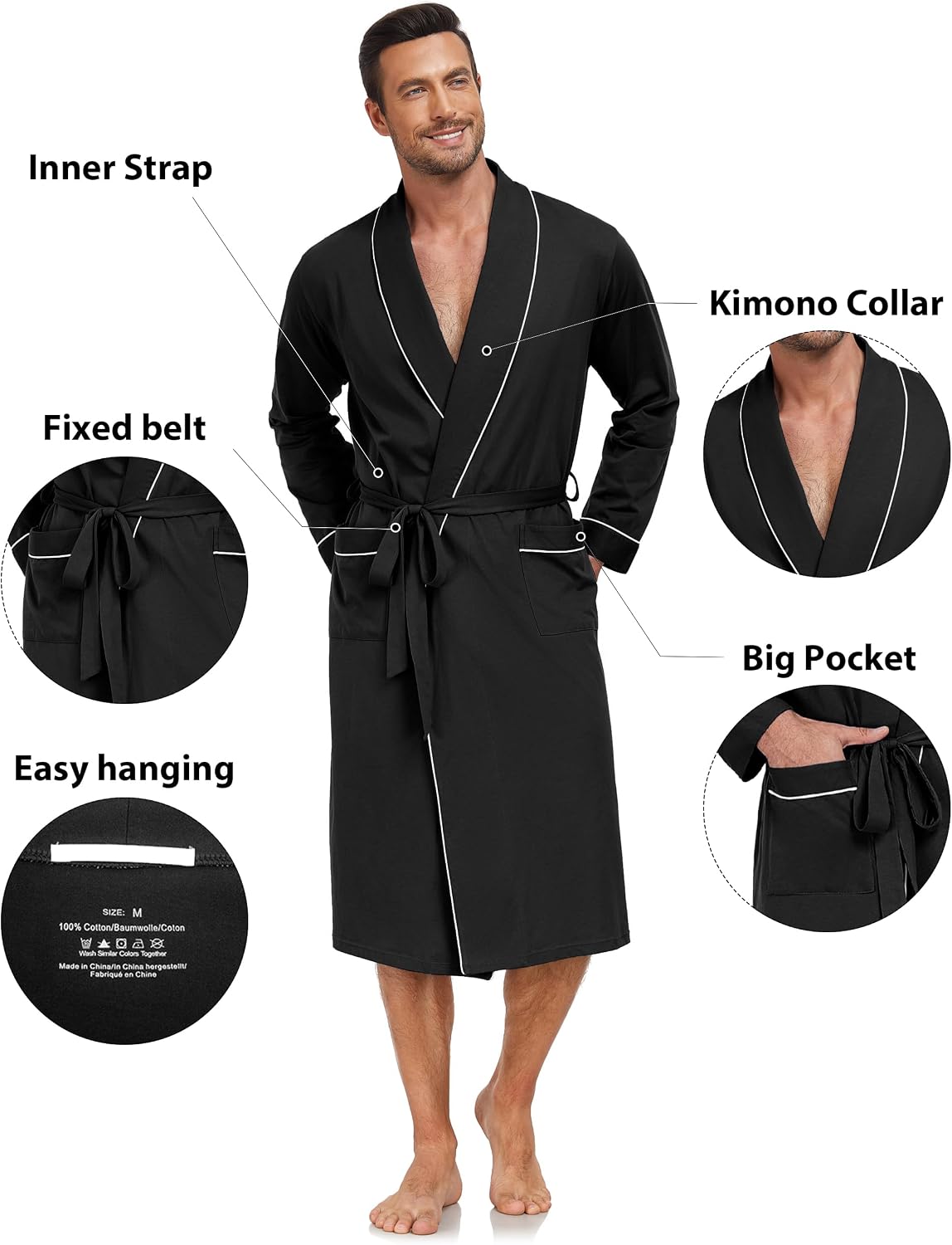 CF Men's 100% Cotton Robe Lightweight Bathrobe Long Sleeve Knit Kimono Sleepwear Soft Knee Length Shower Robe with Pockets