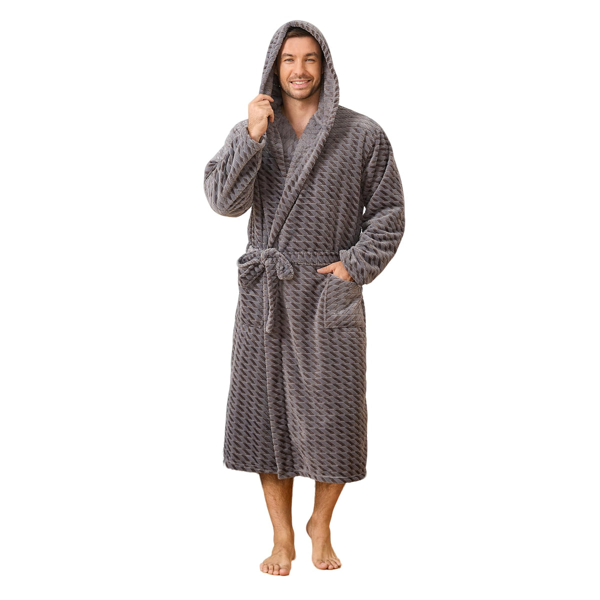 U2SKIIN Mens Plush Fleece Hooded Robe, Soft Warm Long Bathrobe with Pockets, Cozy Spa Shower Robe for Men