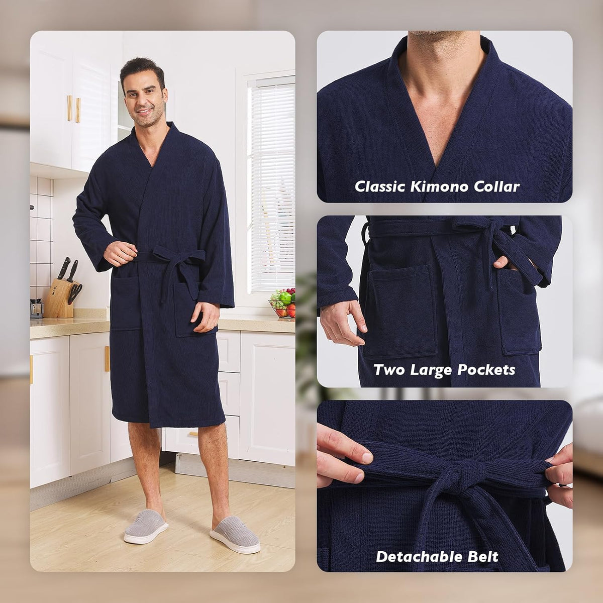 FashGudim Terry Cloth Robes for Men Big and Tall Short Mens Kimono Robe Super Absorbent Spa Bathrobe Calf Length With Pockets