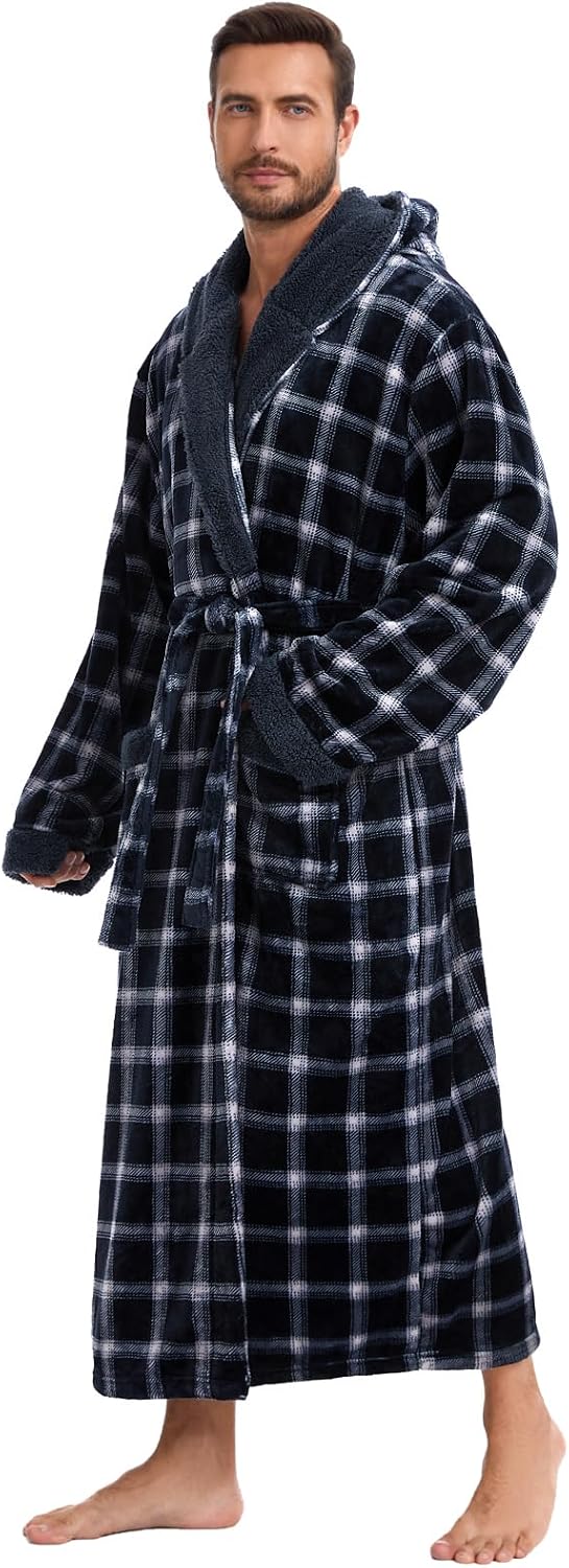 iniber Mens Hooded Robe, Soft Lightweight Plush Robes for Men, Warm Long Fleece Men's Bathrobe with Pockets