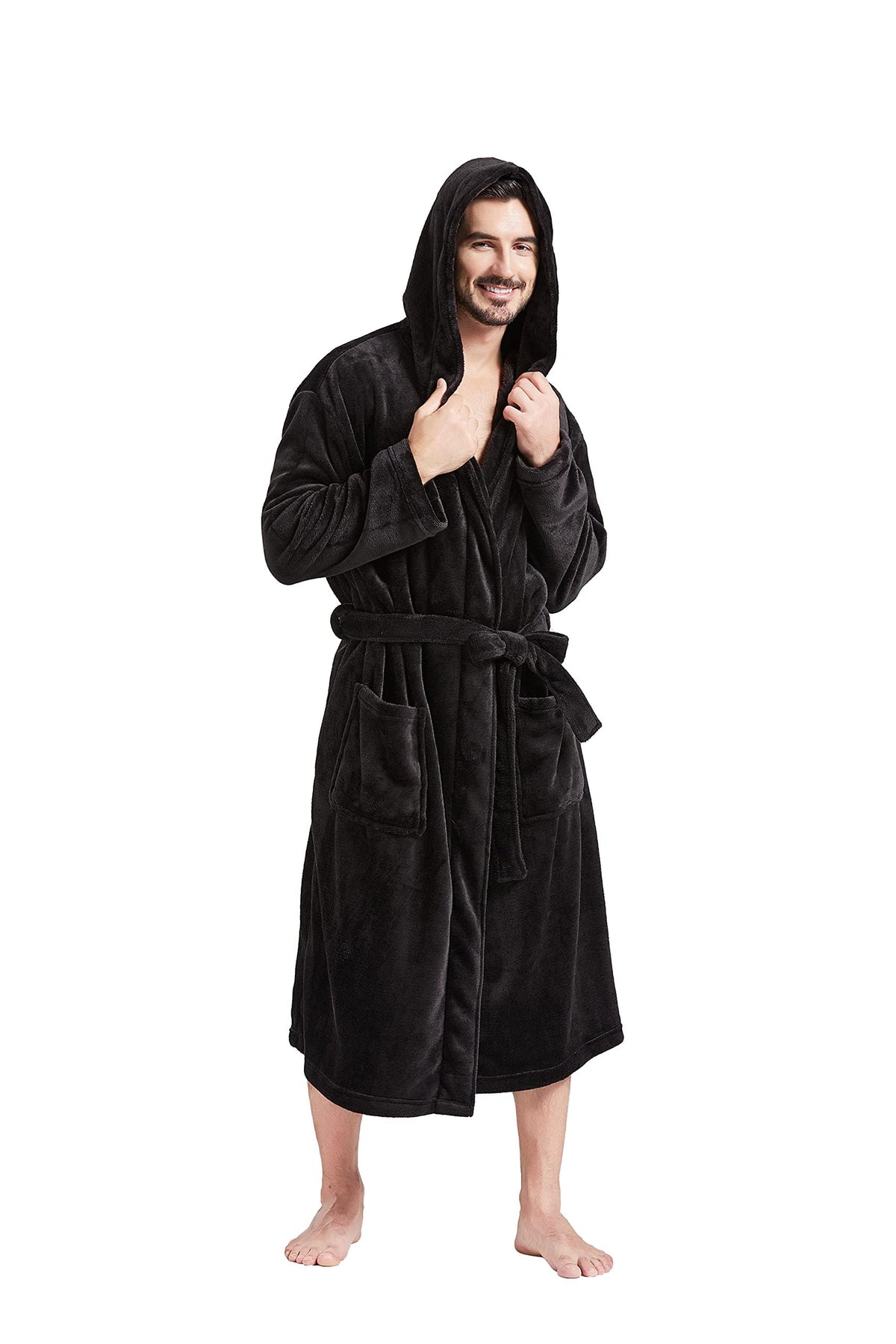 FashGudim Mens Hooded Robe Plush Shawl Collar Kimono Bathrobe Soft Warm Flannel Fleece Spa Robes House Coat Pajamas