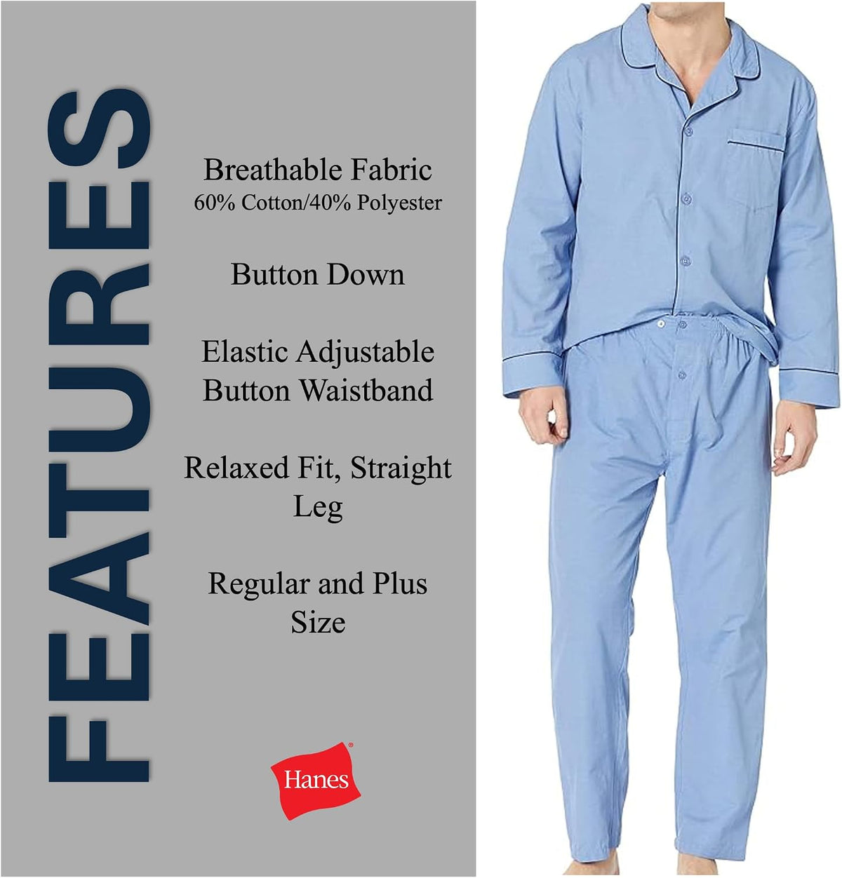Hanes Men's Woven Plain-Weave Pajama Set, Medium Blue Solid, 3X-Large