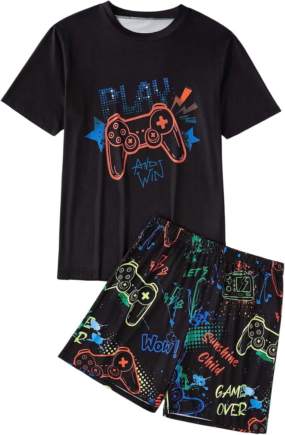 Verdusa Men's Pajamas Set 2 Piece Pjs Sets Short Sleeve Letter Print Tee and Short Lounge Set