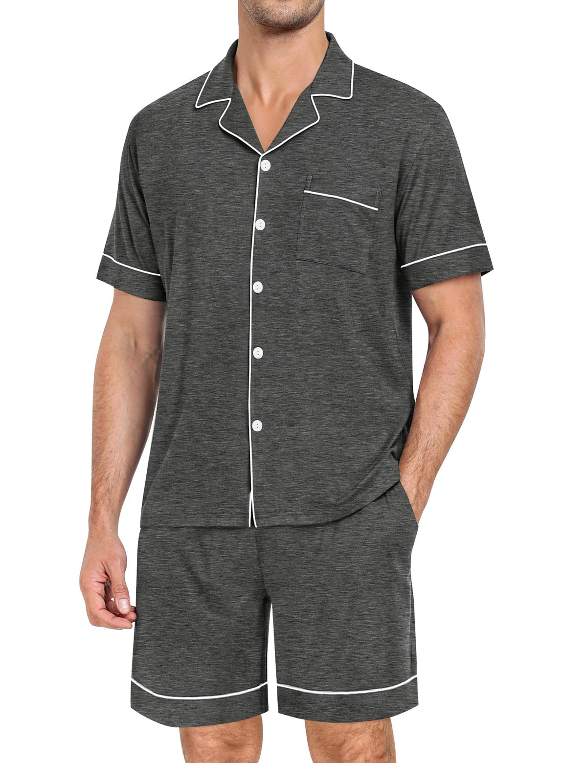 SWOMOG Mens Pajama Set Short Sleeve 2 PCS Sleepwear Button Down Soft Loungewear Modal Set Pj Set with Pockets S-3XL