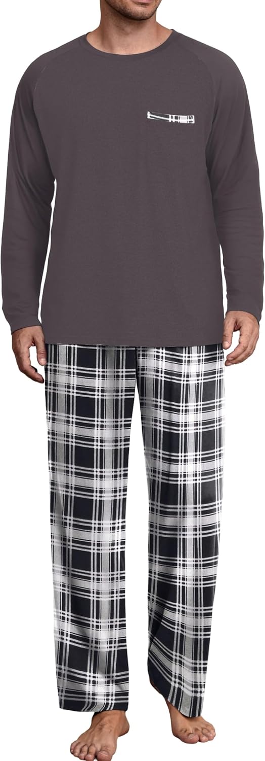 Mens Pajamas Set,Long Sleeve T Shirt Pjs Soft 2 Piece Loungewear With Pants