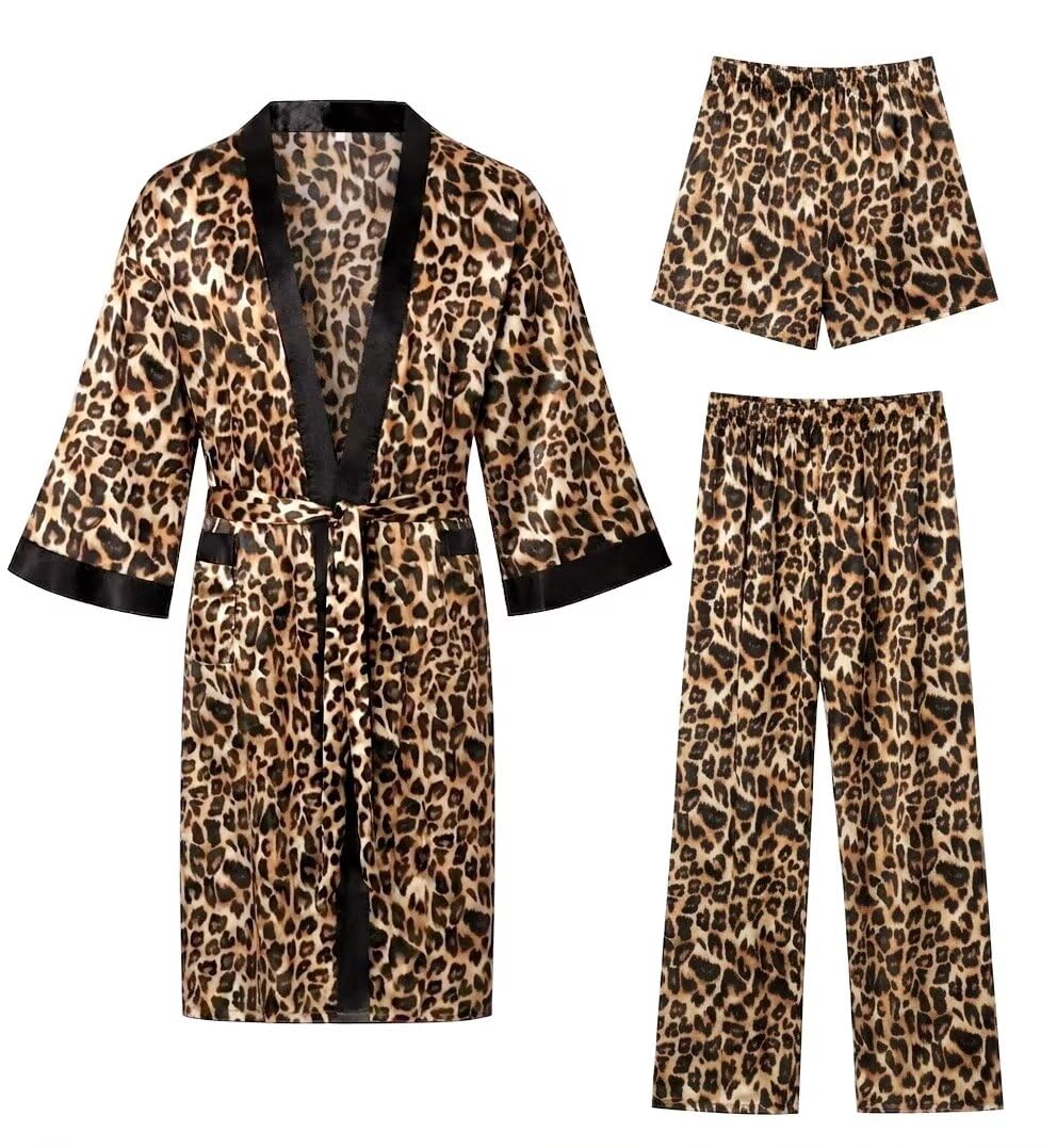 SWOMOG 3Pcs Men's Satin Robe Silk Satin Kimono Bathrobe with Shorts&Pants Set Soft Lightweight Nightwear
