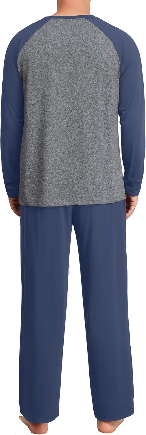 Mens Pajamas Set,Long Sleeve T Shirt Pjs Soft 2 Piece Loungewear With Pants