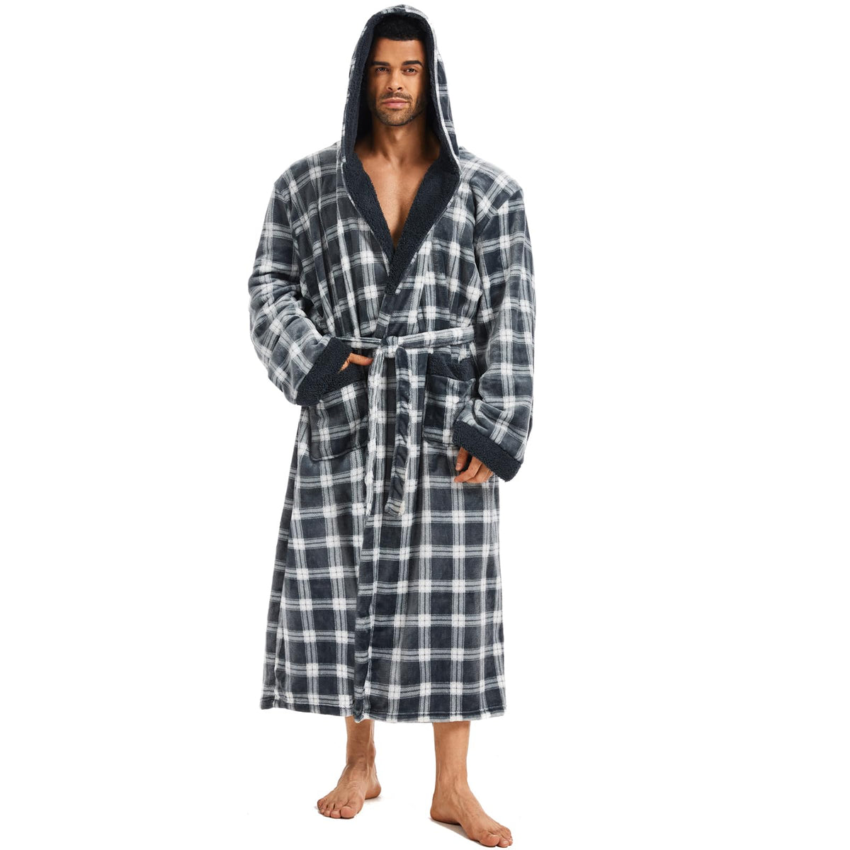 iniber Mens Hooded Robe, Soft Lightweight Plush Robes for Men, Warm Long Fleece Men's Bathrobe with Pockets