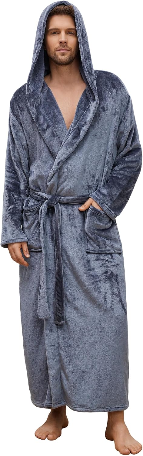 U2SKIIN Mens Fleece Robe Hooded Bathrobe Plush Robe for Men
