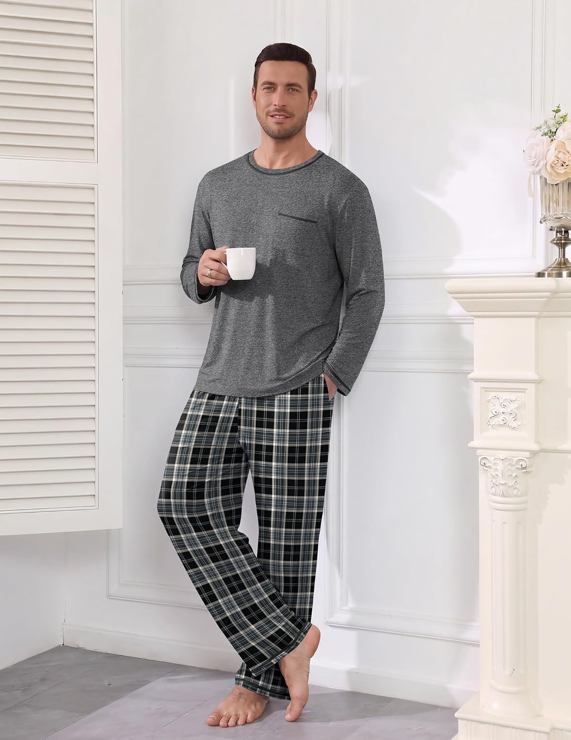 Ekouaer Mens Long Sleeve T-Shirt Pajama Set Soft 2 Piece Lounge Set
