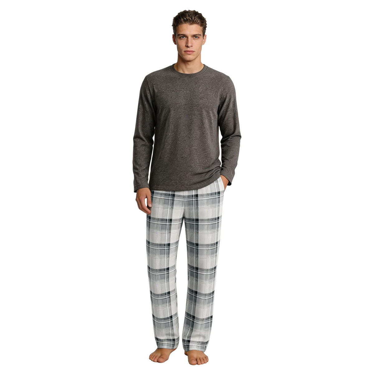 Vulcanodon Mens Pajama Set Soft Cozy Long Sleeve Crewneck Sleepwear Plaid Pants with Pockets Casual Loungewear for Men