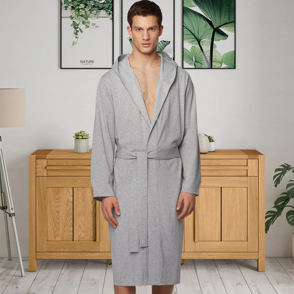 HOLOVE Hooded Men's Cotton Robes Lightweight Bathrobe,Shower Spa Lounge & House