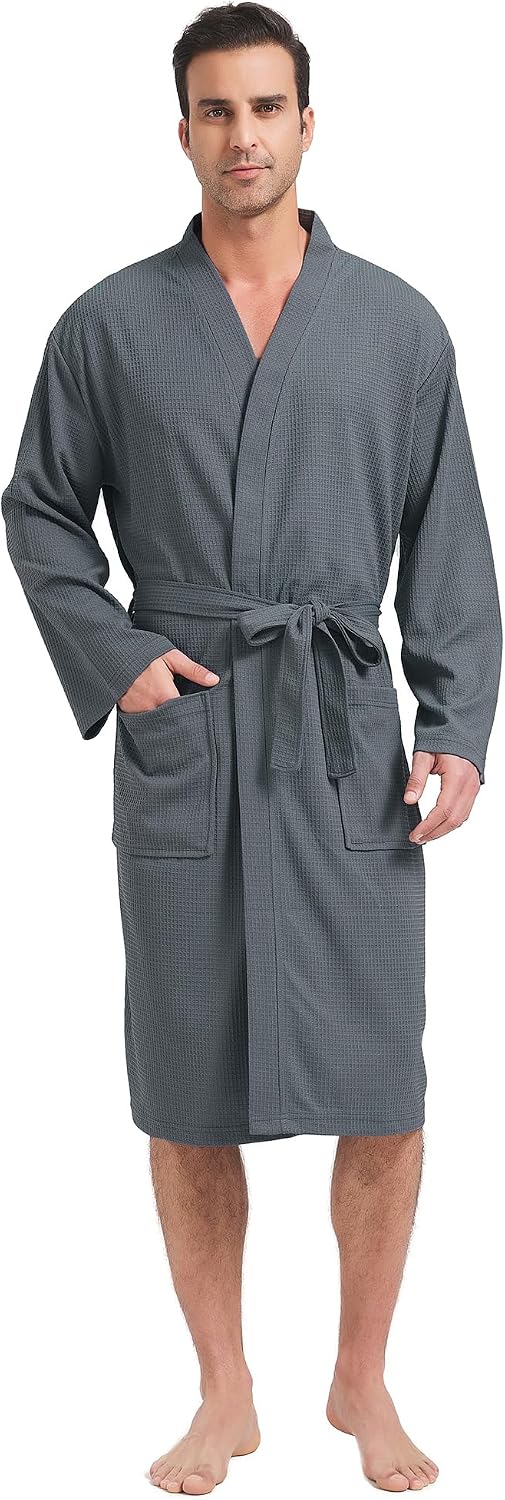 FashGudim Mens Lightweight Waffle Knit Robe Soft Kimono Spa Bathrobes Knee Length Summer Robes