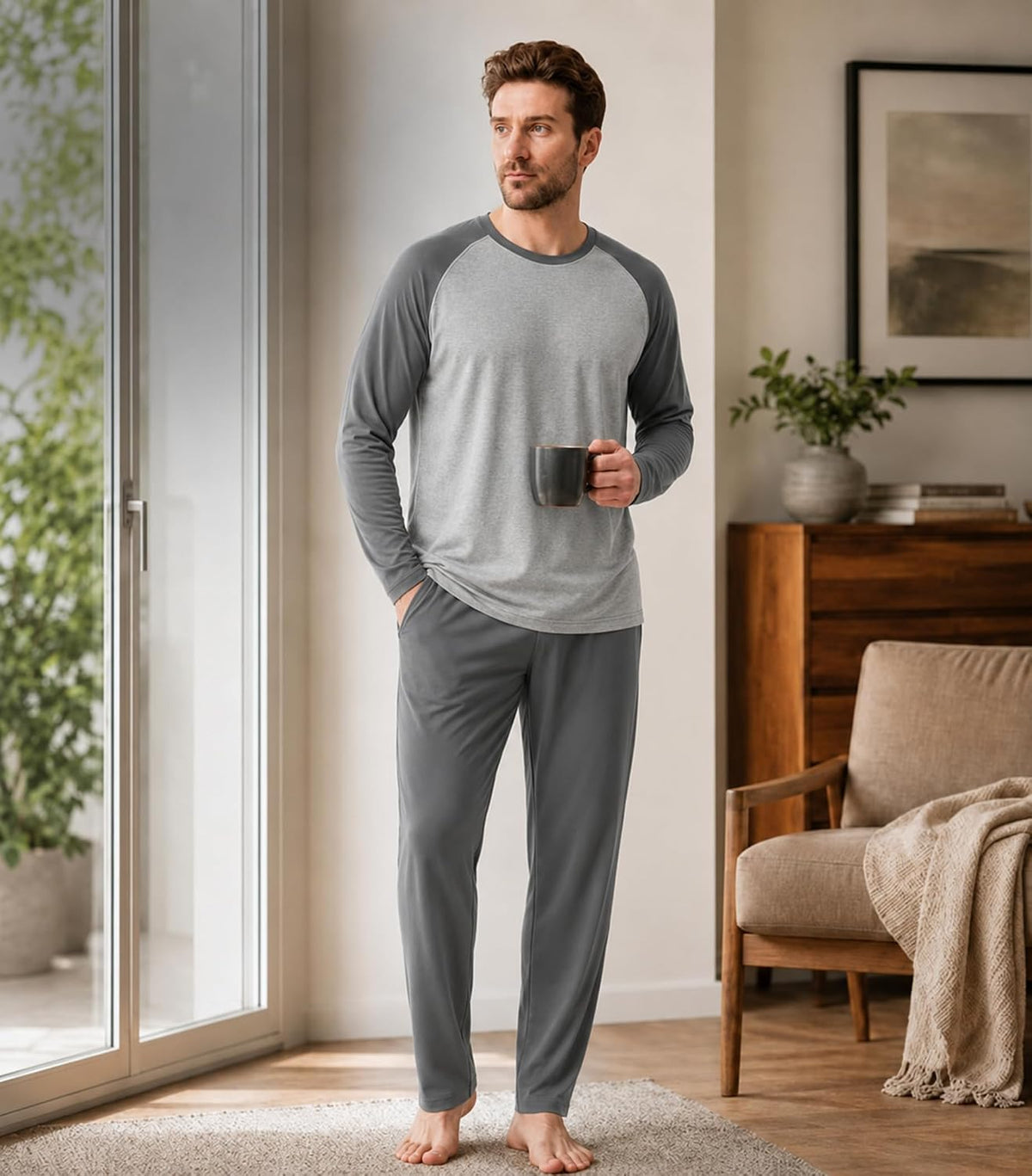 DAVID ARCHY Mens Pajama Set Long Sleeve PJs, Soft Lightweight Sleepwear with Pockets, Comfortable Loungewear for Sleeping