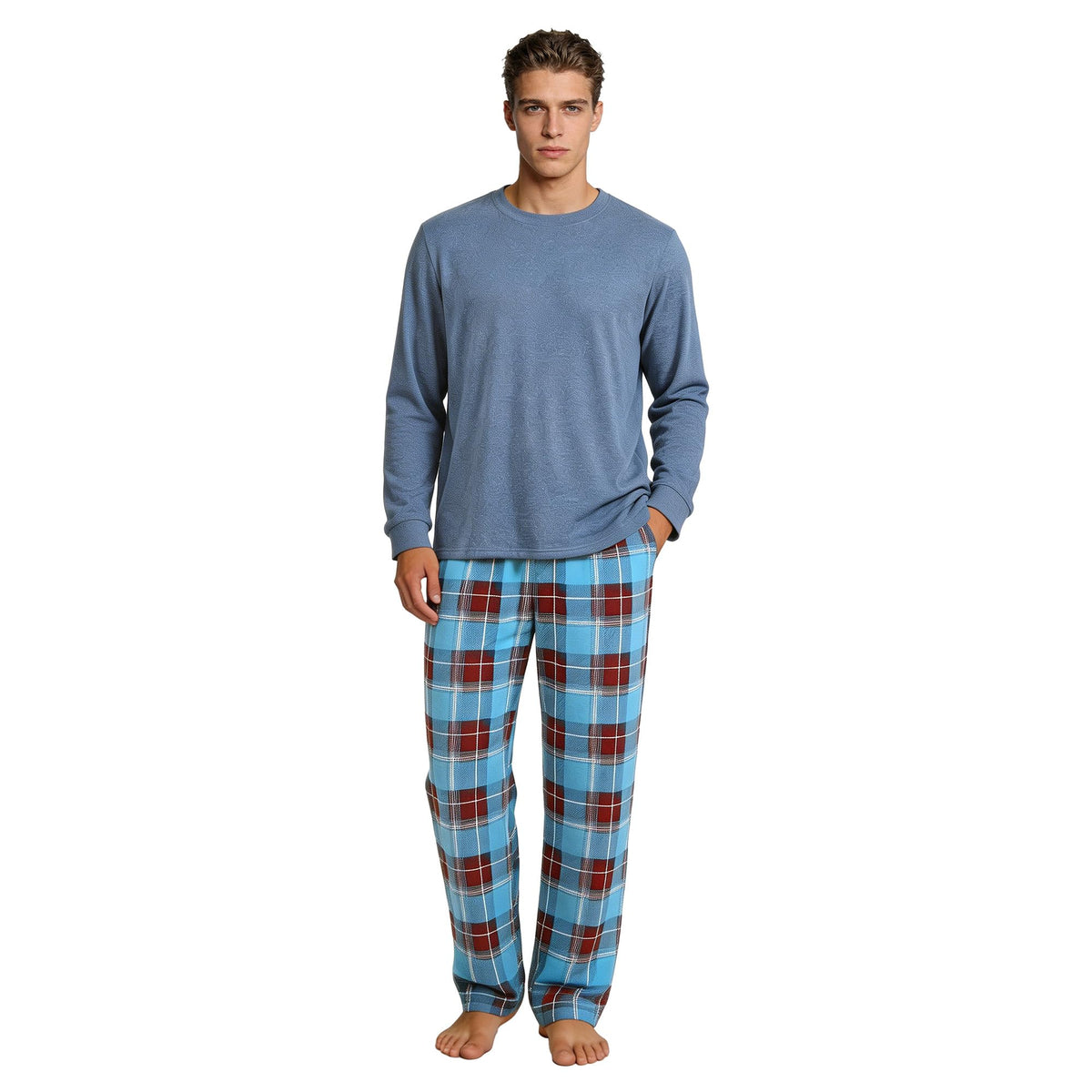Vulcanodon Mens Pajama Set Soft Cozy Long Sleeve Crewneck Sleepwear Plaid Pants with Pockets Casual Loungewear for Men