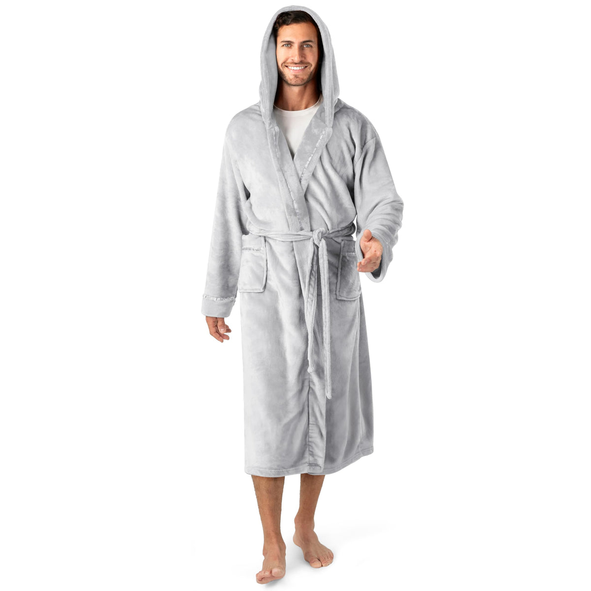 PAVILIA Mens Fleece Robe, Hooded Bathrobe with Shawl Collar, Pockets & Belt