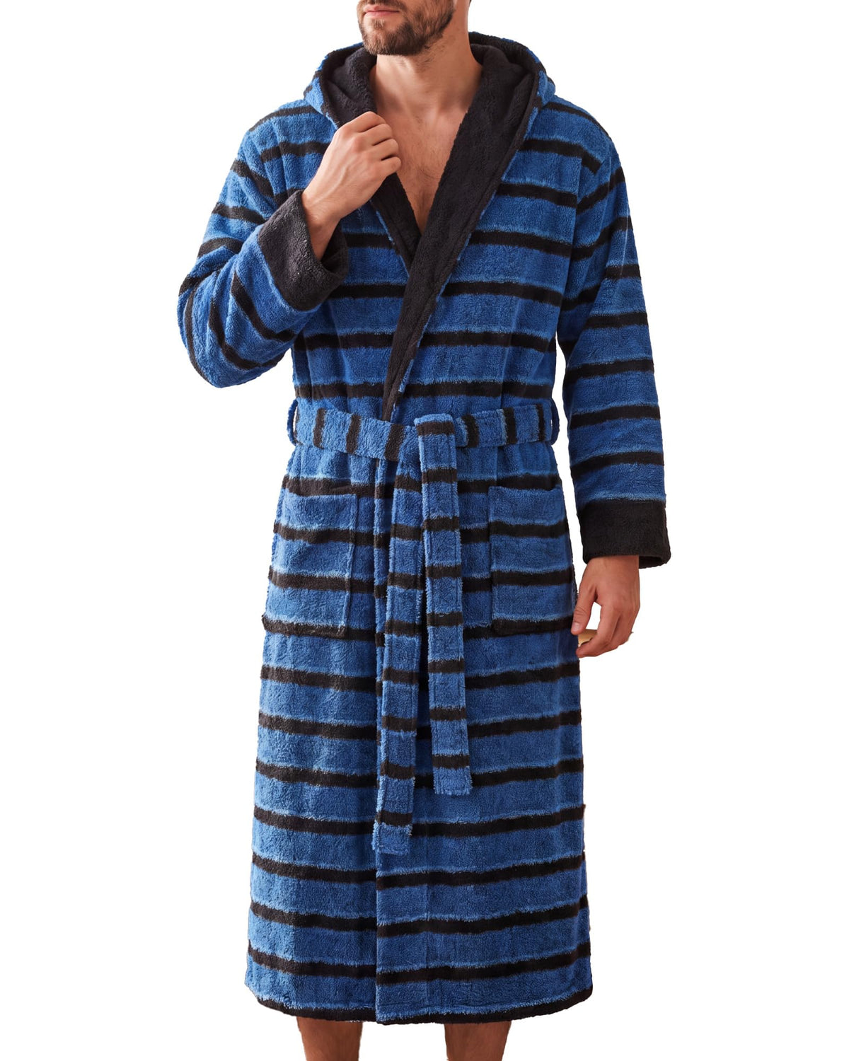 Vulcanodon Men Robe Hooded Striped Bathrobe Soft Plush Spa Robe Pockets