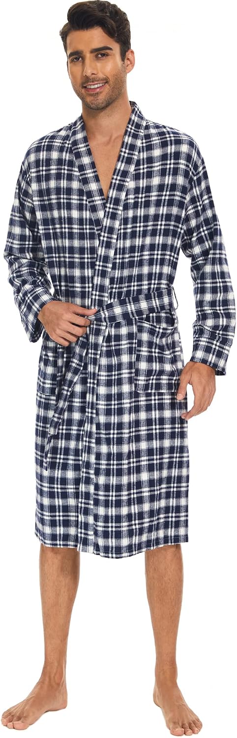 Zerbala Men's Flannel Robe Knee Length Plaid Bathrobe