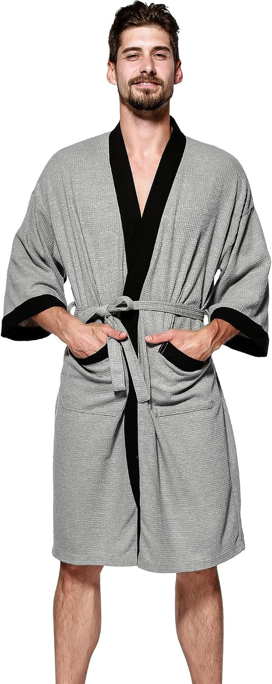 Haseil Men's Turkish Cotton Bathrobe Waffle Kimono Terry Cloth Hotel Spa Robes