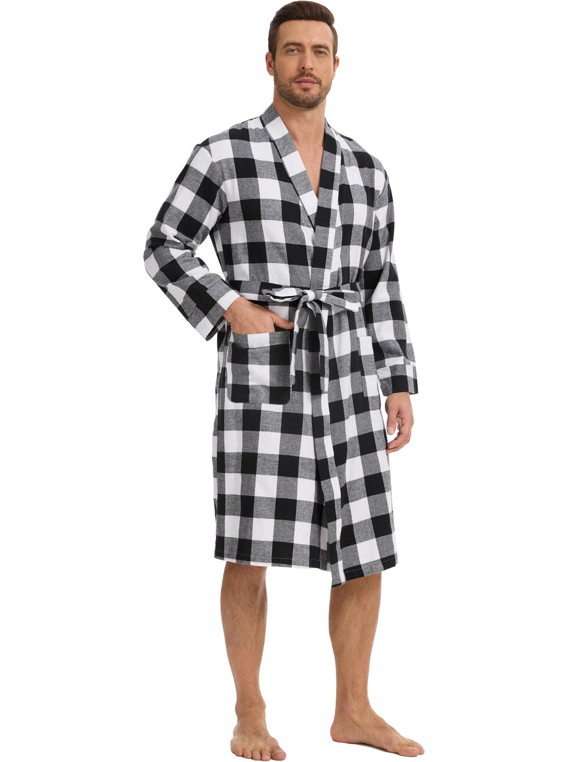 Zerbala Men's Flannel Robe Knee Length Plaid Bathrobe