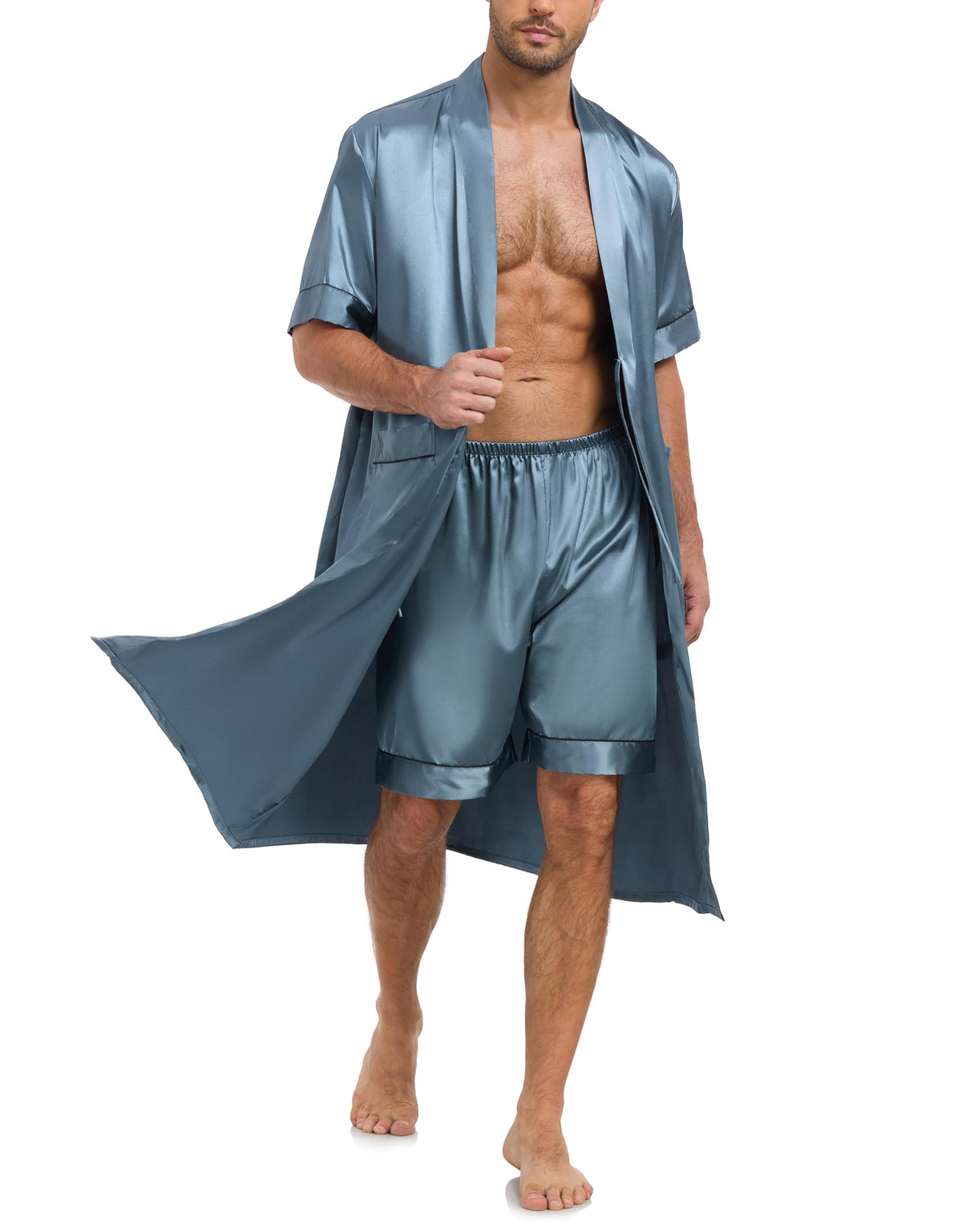 VOGMATE Men's Kimono Robe with Shorts 2 Pieces Silky Pajama Set Lightweight Satin Bathrobe Soft Sleepwear
