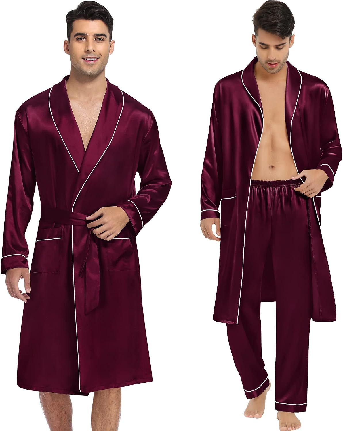 SWOMOG Men's Satin Robe 3 Pcs Silky Kimono Bathrobe Set Lightweight Soft Loungewear Nightwear