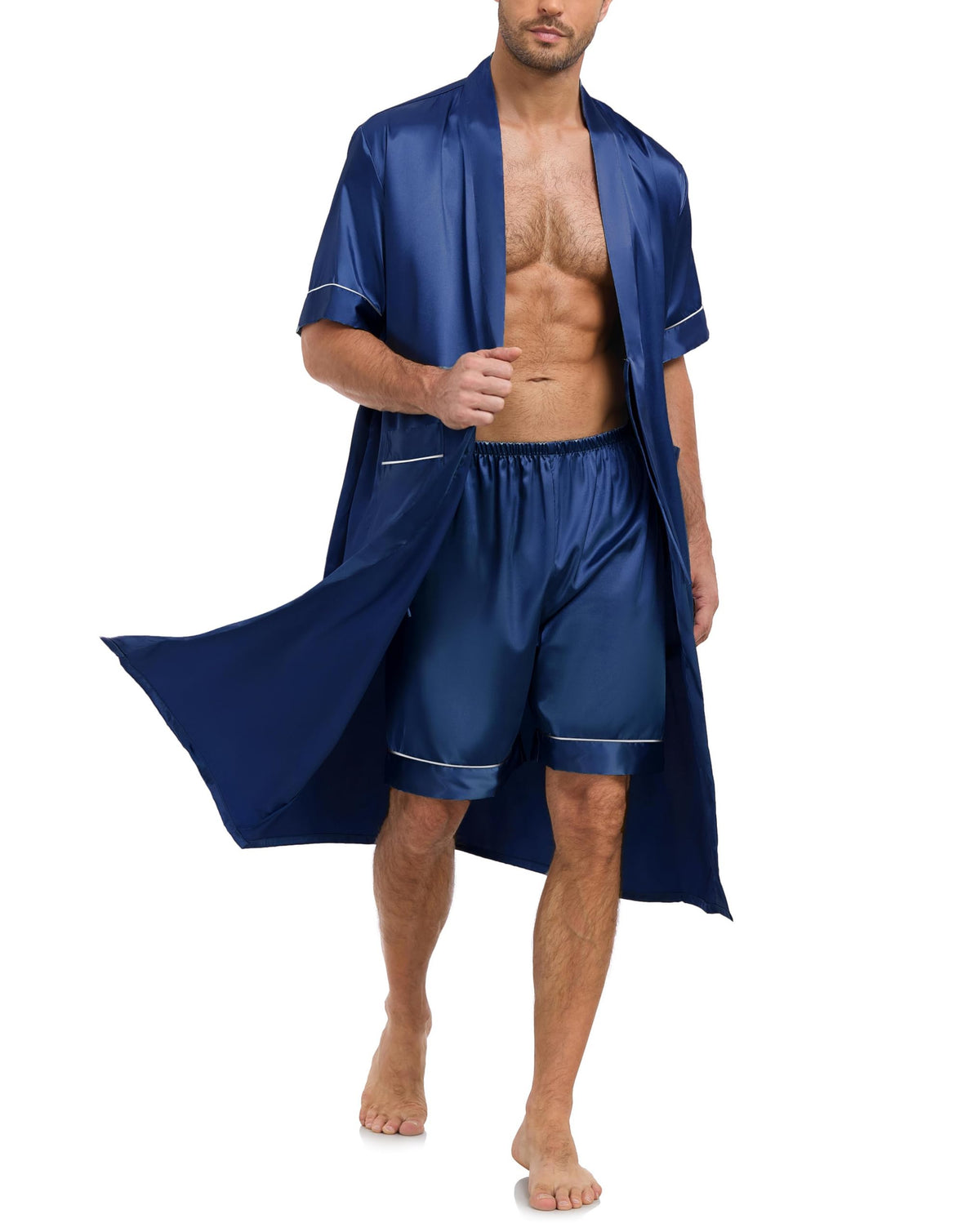 VOGMATE Men's Kimono Robe with Shorts 2 Pieces Silky Pajama Set Lightweight Satin Bathrobe Soft Sleepwear