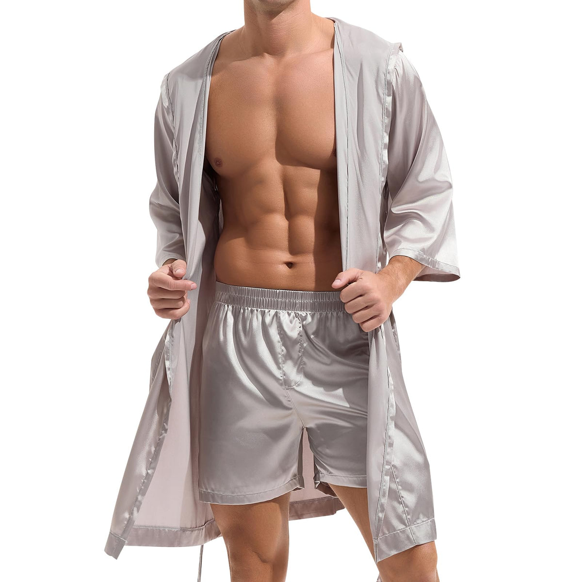 AMY COULEE Mens Sexy Satin Robe with Shorts 2 Pcs
