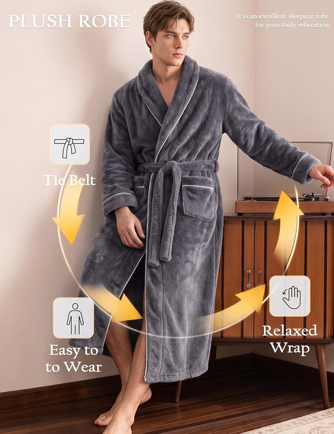 Gihuo Mens Fluffy Robe Soft Plush Long Robe Fleece Bathrobe with Belt