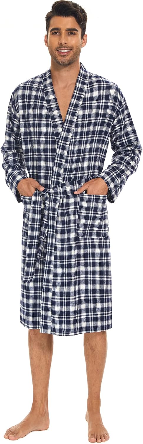 Zerbala Men's Flannel Robe Knee Length Plaid Bathrobe