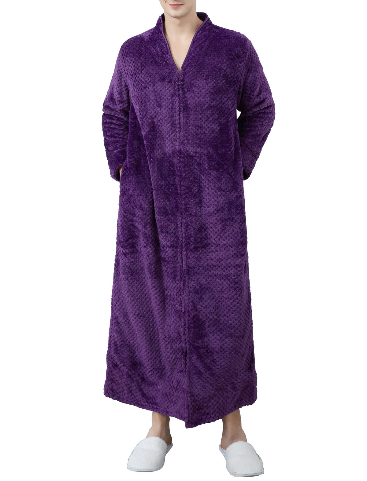 Locachy Men's Flannel Zip Bathrobes Soft Warm Long Fleece Plush Robe Housecoats Nightgown Sleepwear