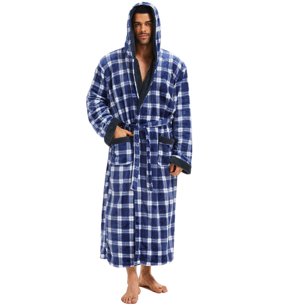 iniber Mens Hooded Robe, Soft Lightweight Plush Robes for Men, Warm Long Fleece Men's Bathrobe with Pockets